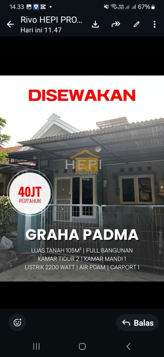 Rumah Sewa Nyaman Lokasi Graha Padma, Semarang, LB 105m²