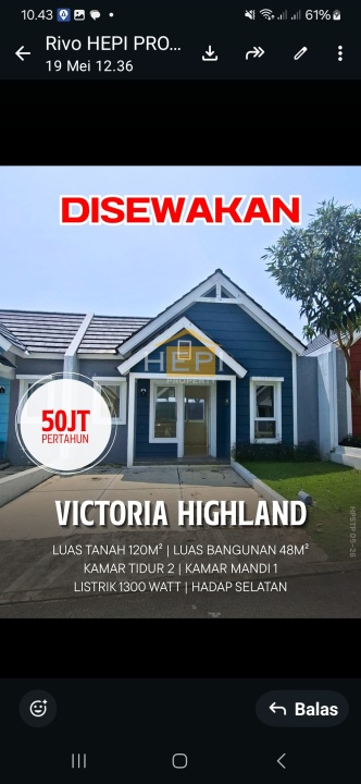 Rumah Minimalis Disewakan di BSD Victoria Park Lane, Tangerang, Harga Ekonomis