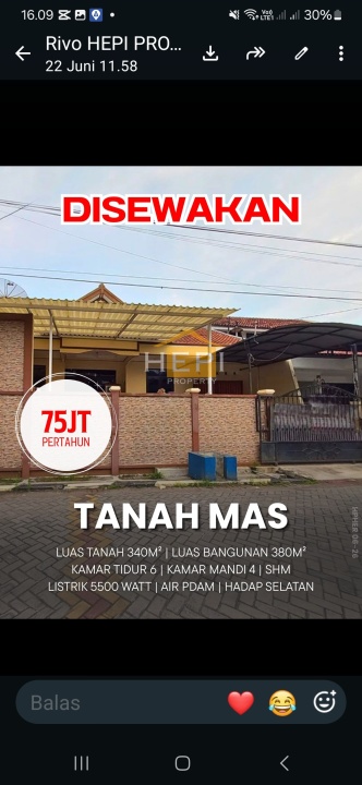 Rumah Sewa Murah Lokasi Tanah Mas, Semarang, LB 380m²