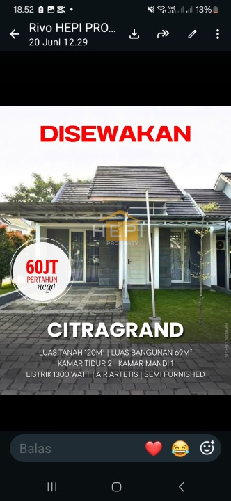 Disewakan Rumah Terjangkau di Citragrand, Semarang, LT 120m²