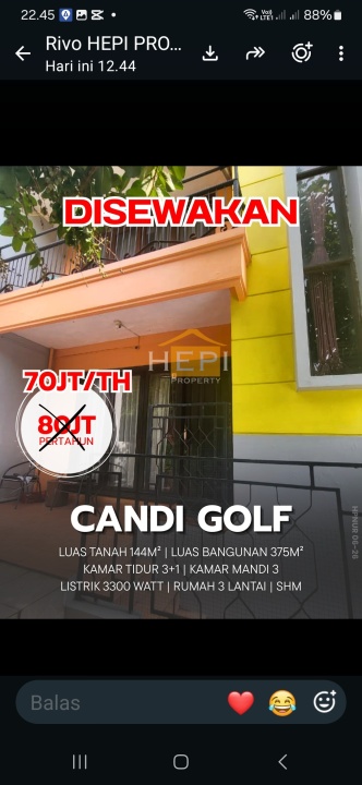 Sewa Rumah Favorit di Candi Golf, Semarang, Harga Terjangkau